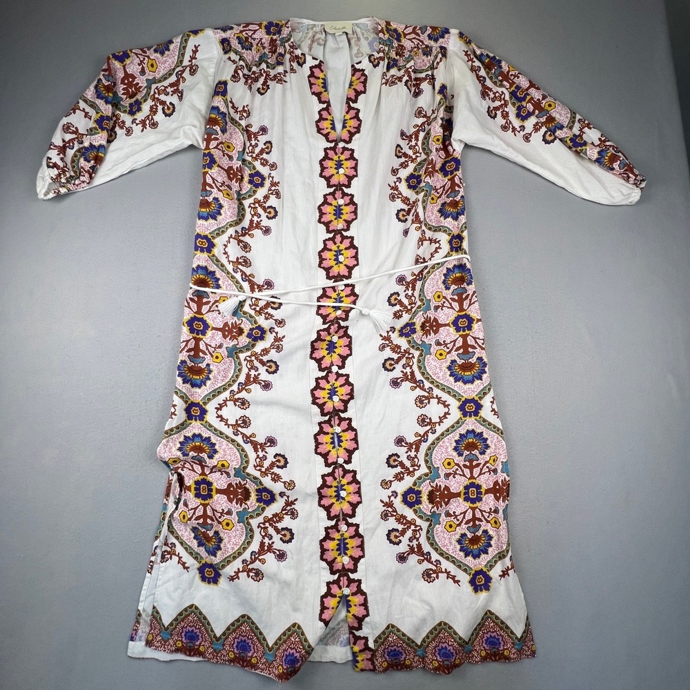 Cleobella Maxi Dress Womens Small White Floral Paisley Cotton Linen Boho Belted - Picture 13 of 16